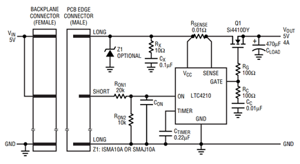 使用电流感应电阻与热插拔控制器和电流模式电压调节器