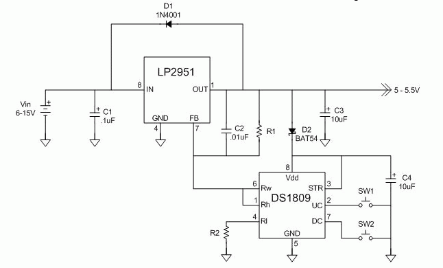 用DS1809控制可变电压电源(按钮控制)