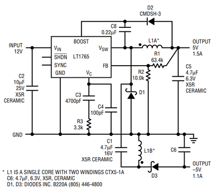 节省空间双输出±5V大电流电源只需要一个1.25MHz开关和一个磁性元件