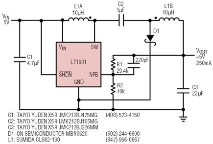 逆变开关稳压器在SOT-23中提供高电流/低噪声输出