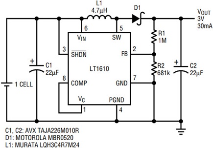 LT1610微功率升压DC/DC转换器工作频率为1.7MHz