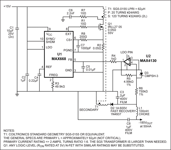 15V输入反激变换器如何在50mA时产生-185V