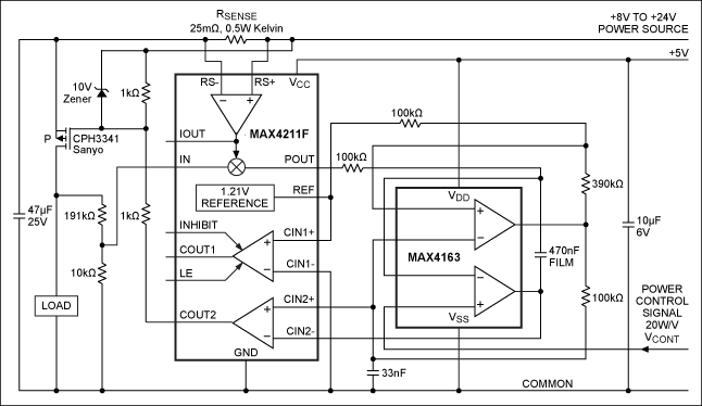 电流检测放大器和乘法器的组合(MAX4211F)检测通过负载的电流和电压的办法