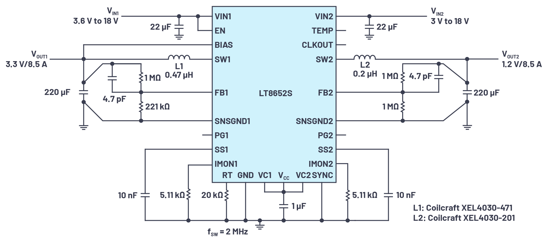 基于 LT8652S 具有超低 EMI 辐射的双输出 12 V 至 3.3 V 和 1.2 V 同步降压转换器