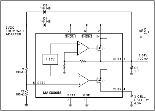 MAX8865低压差(LDO)线性稳压器用于提供切换功能的方案