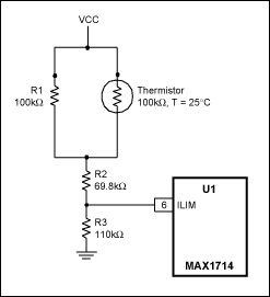 热敏电阻的电阻网络用于温度补偿DC-DC转换器的限流输入(ILIM)