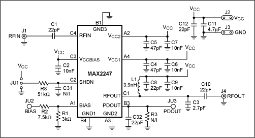 MAX2247功率放大器时元件的取值及元件放置方案