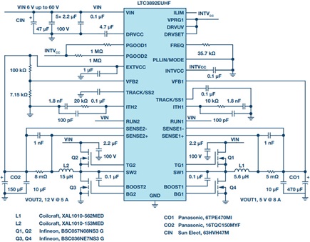 高电压LTC3892系列控制器缩减了DC/DC转换器成本和尺寸