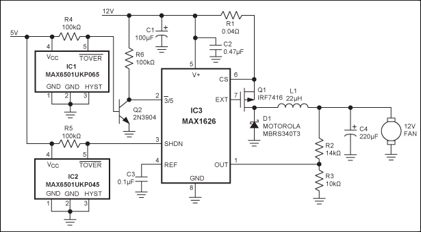 开关型DC-DC控制器配合两个低成本的温度监测器构成三速风扇控制器