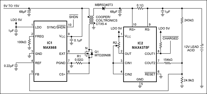 简单电路充电铅酸电池MAX668 PPM控制器限制输出电流